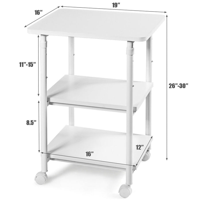 3-tier Adjustable Printer Stand with 360Â° Swivel Casters-White