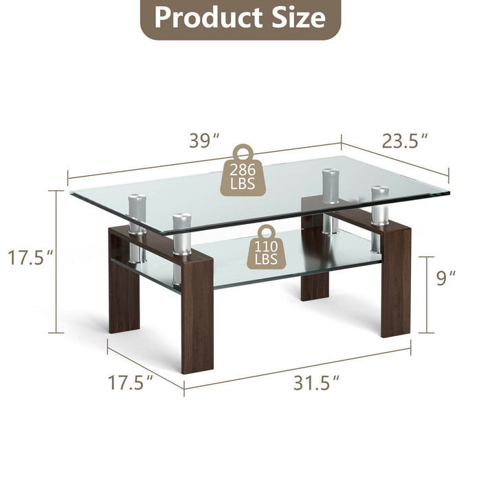 Rectangle Glass Coffee Table with Metal Legs for Living Room-Brown