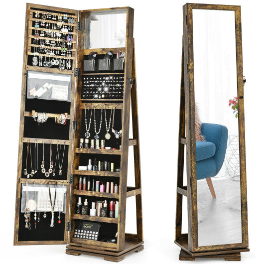 360Â° Rotatable 2-in-1 Lockable Jewelry Cabinet with Full-Length Mirror-Rustic Brown