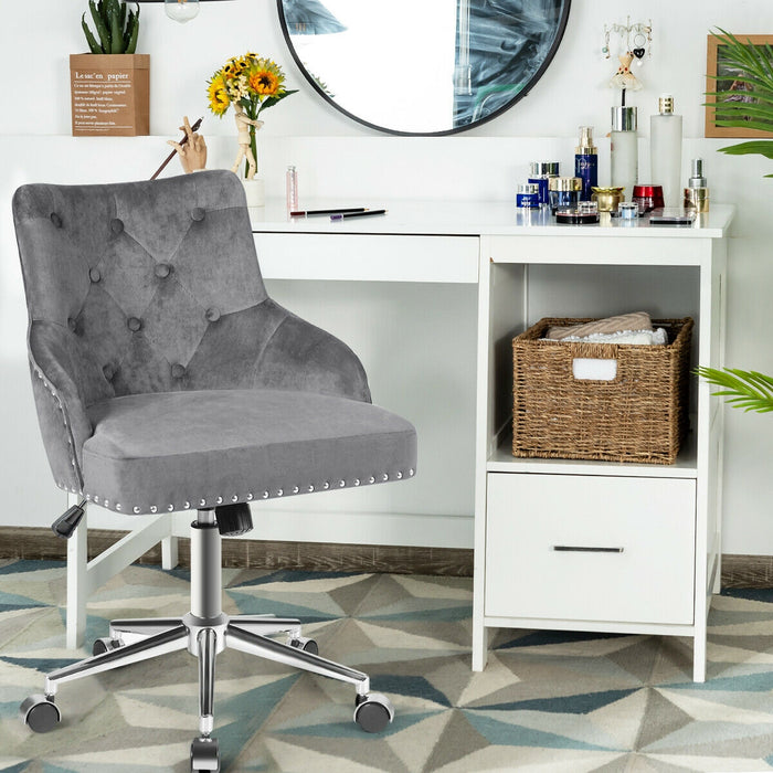 Tufted Upholstered Swivel Computer Desk Chair with Nailed Tri-Gray