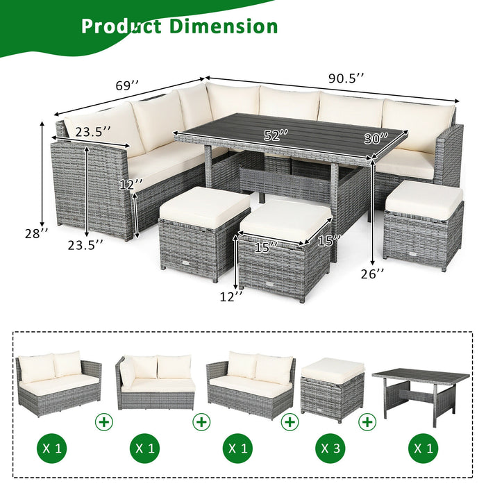 7 Pieces Patio Rattan Dining Furniture Sectional Sofa Set with Wicker Ottoman-Beige