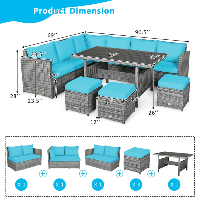 7 Pieces Patio Rattan Dining Furniture Sectional Sofa Set with Wicker Ottoman-Turquoise