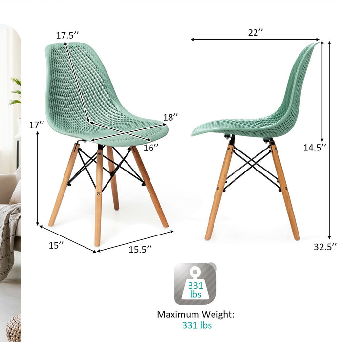 4 Pieces Modern Plastic Hollow Chair Set with Wood Leg-Green