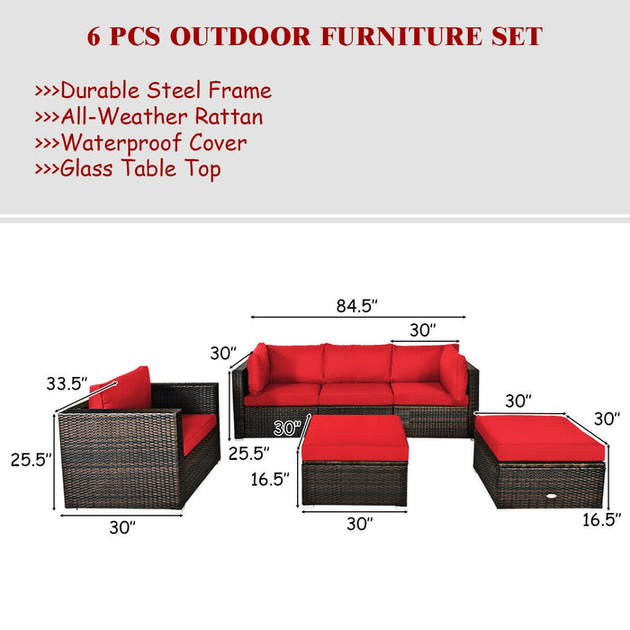 6 Pcs Patio Rattan Furniture Set with Sectional Cushion-Red