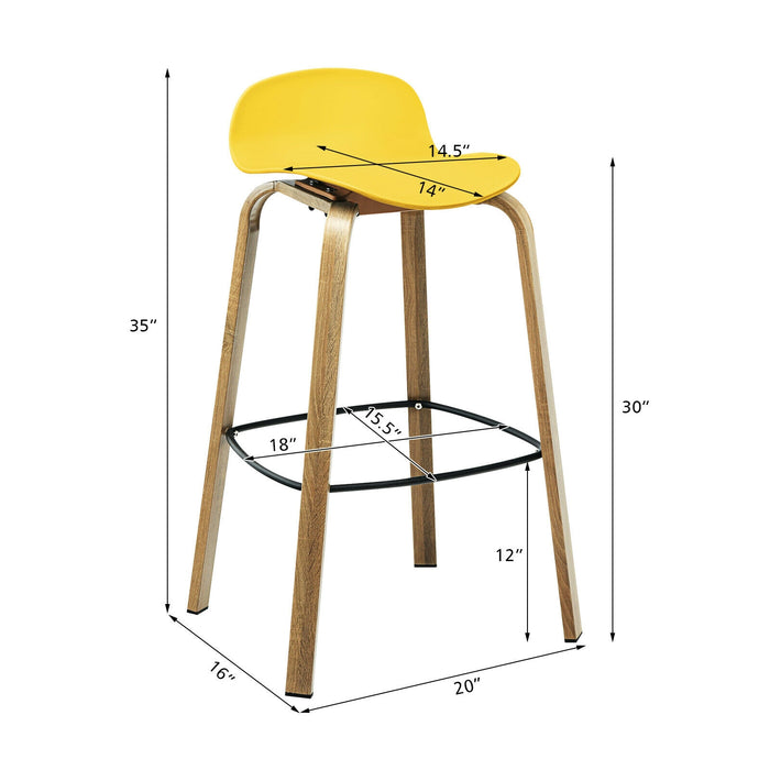 Set of 2 Modern Barstools Pub Chairs with Low Back and Metal Legs-Yellow