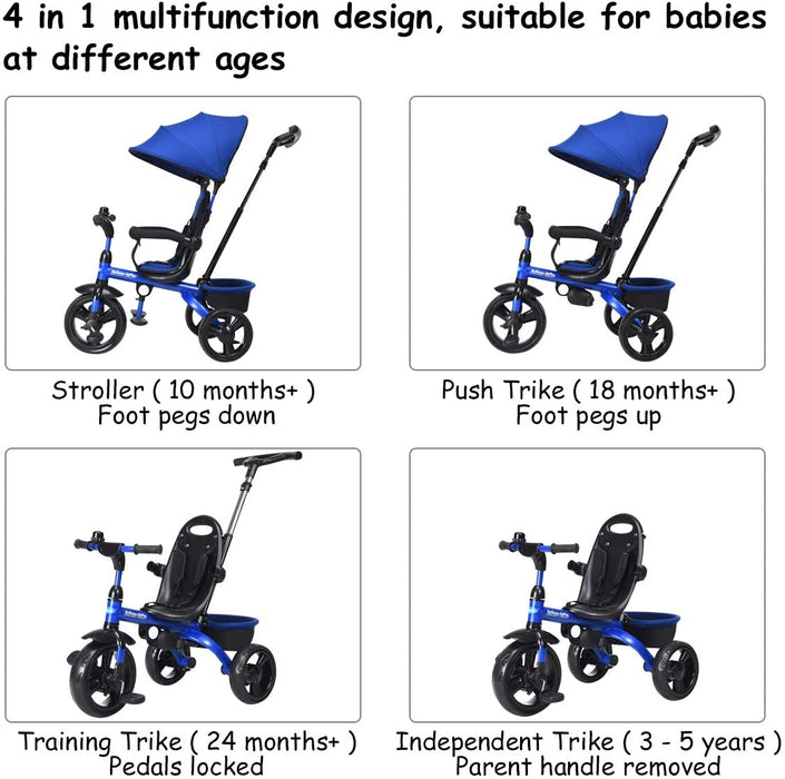 4-in-1 Kids Tricycle with Adjustable Push Handle-Blue