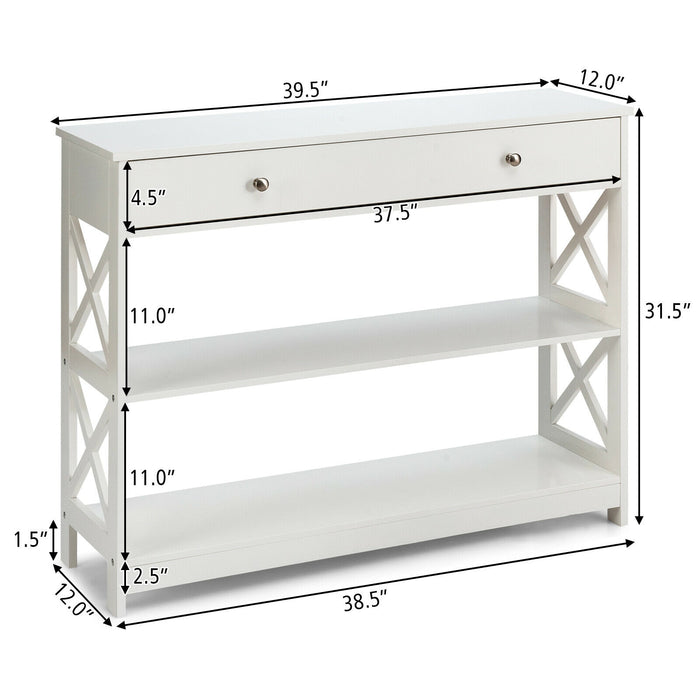 3-Tier Console Table with Drawers for Living Room Entryway-White