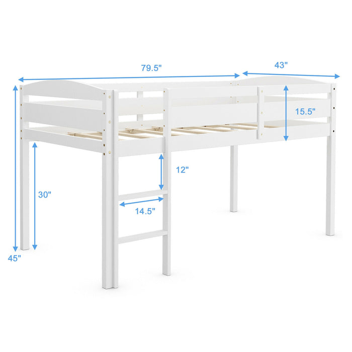 Wooden Twin Low Loft Bunk Bed with Guard Rail and Ladder-White