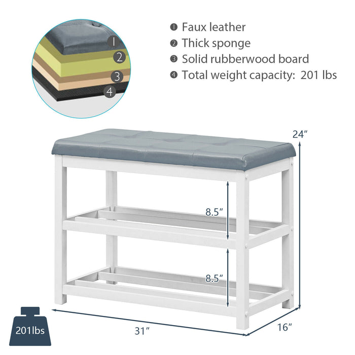 2-Tier Wooden Shoe Rack Bench with Padded Seat-White