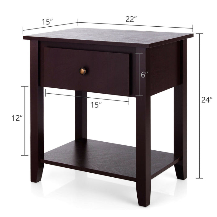 Nightstand with Drawer and Storage Shelf for Bedroom Living Room-Espresso