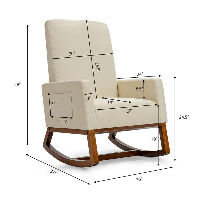 Rocking High Back Upholstered Lounge Armchair with Side Pocket-Beige