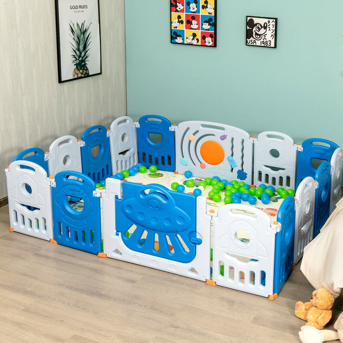 16-Panel Baby Playpen Safety Play Center with Lockable Gate-Blue