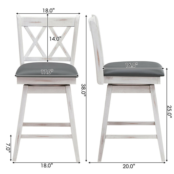 2 Pieces 24 Inch Swivel Counter Height Barstool Set with Rubber Wood Legs-White