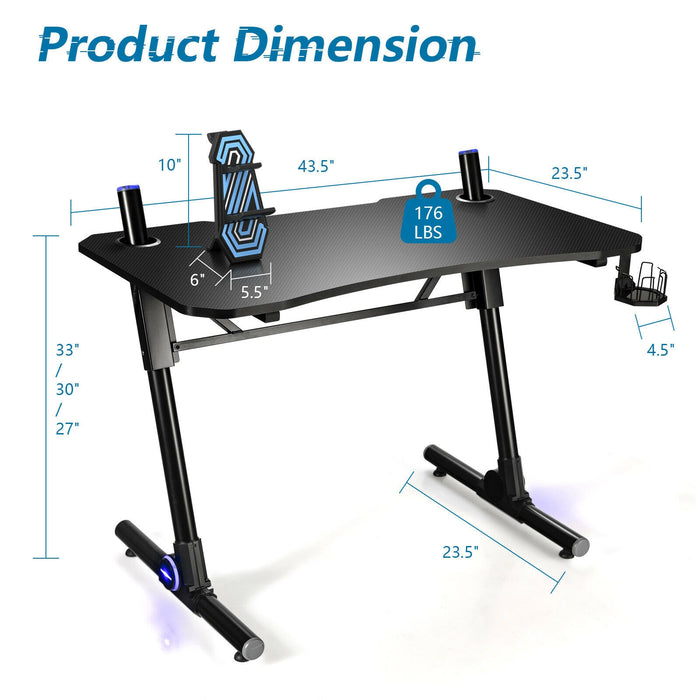 43.5 Inch Height Adjustable Gaming Desk with Blue LED Lights