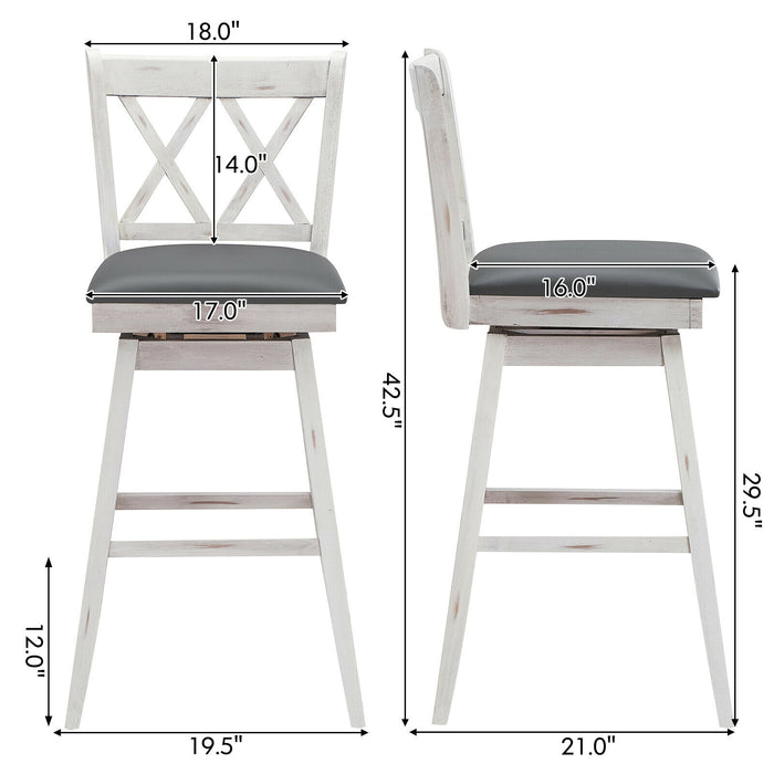 2 Pieces 29 Inches Swivel Counter Height Barstool Set with Rubber Wood Legs-White