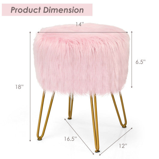 Faux Fur Vanity Stool Chair with Metal Legs for Bedroom and Living Room-Pink