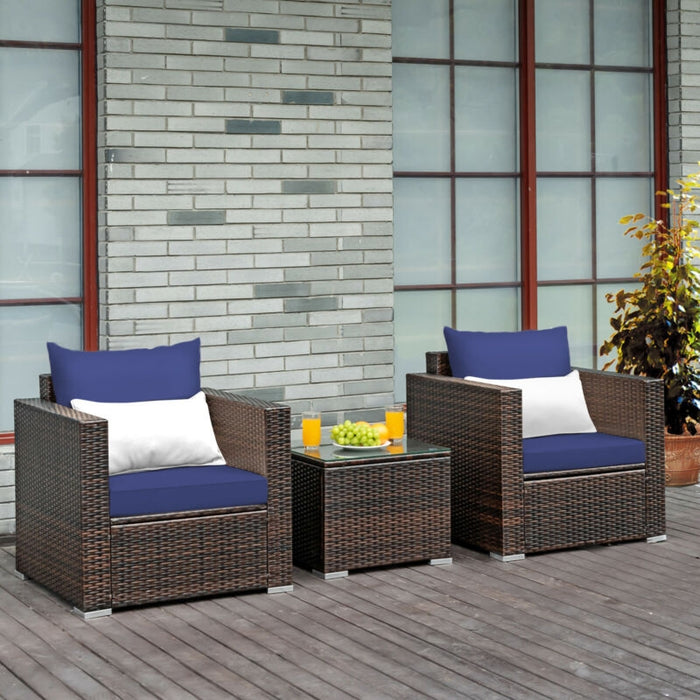 3 Pcs Patio Conversation Rattan Furniture Set with Cushion-Blue