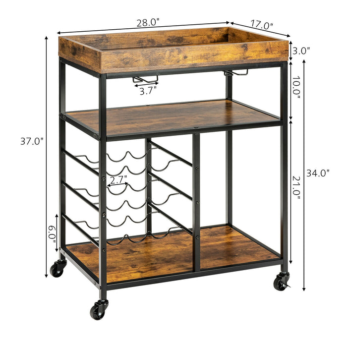 3-Tier Wood Rolling Kitchen Serving Cart with 9 Wine Bottles Rack Metal Frame-Rustic Brown