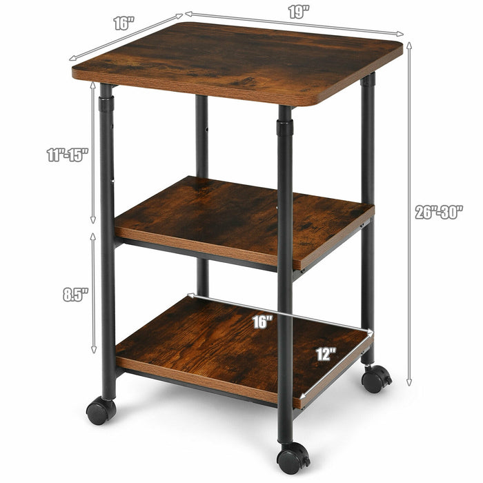 3-tier Adjustable Printer Stand with 360Â° Swivel Casters-Brown