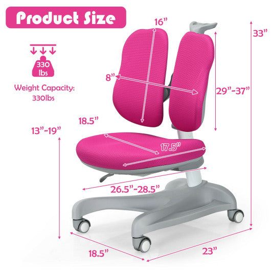 Adjustable Height Student Chair with Sit-Brake Casters and Lumbar Support for Home and School-Pink