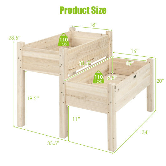 2 Tier Wooden Elevated Planter Box with Legs and Drain Holes for Balcony and Yard