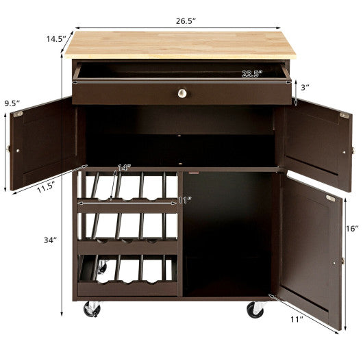 Kitchen Cart with Rubber Wood Top 3 Tier Wine Racks 2 Cabinets-Brown