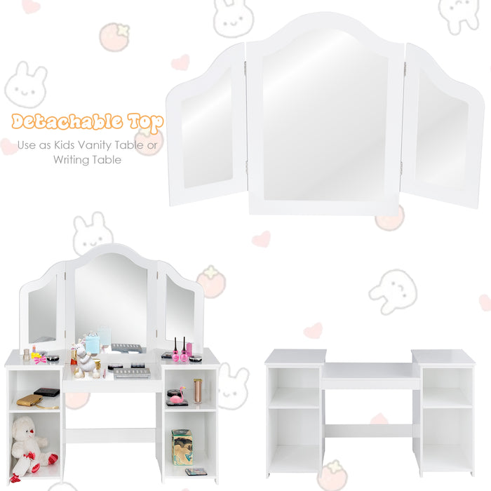 Kids Tri Folding Mirror Makeup Dressing Vanity Table Set-White