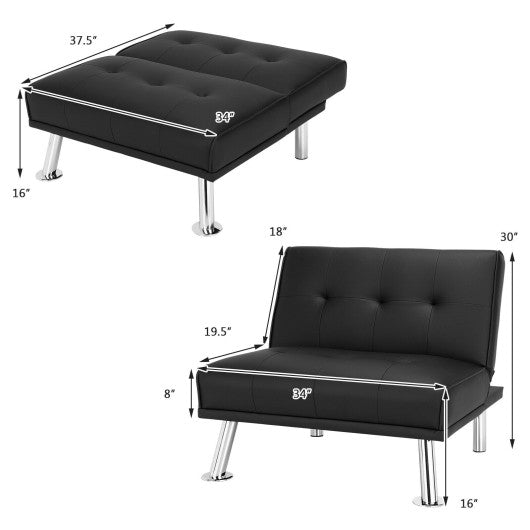 Folding PU Leather Single Sofa with Metal Legs and Adjustable Backrest-Black