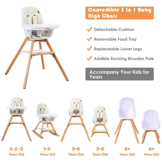 3-in-1 Convertible Wooden Baby High Chair-Beige