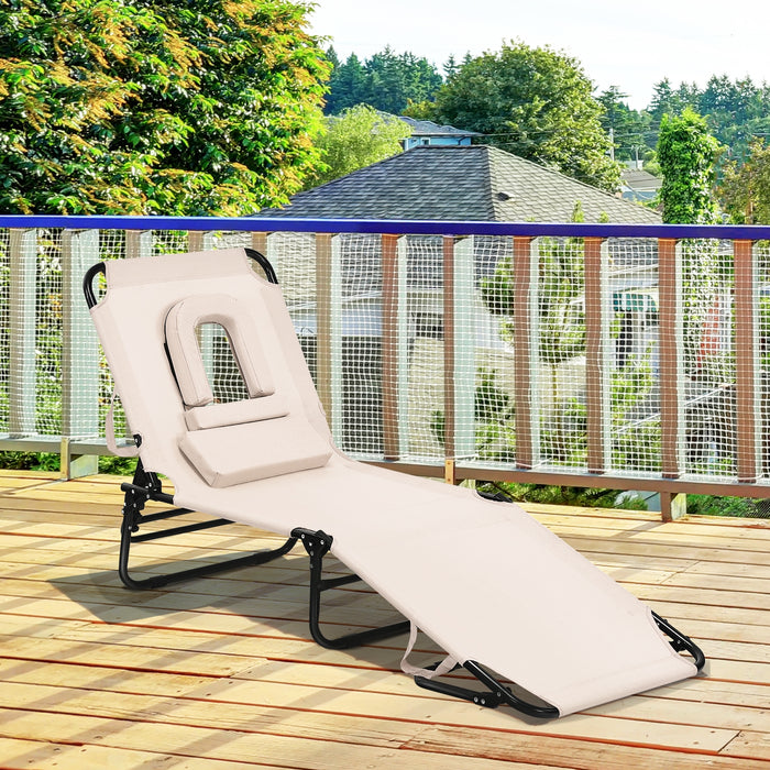 Outdoor Folding Chaise Beach Pool Patio Lounge Chair Bed with Adjustable Back and Hole-Beige