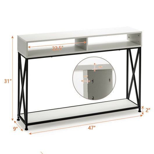 Console Table with Open Shelf and Storage Compartments Steel Frame-White