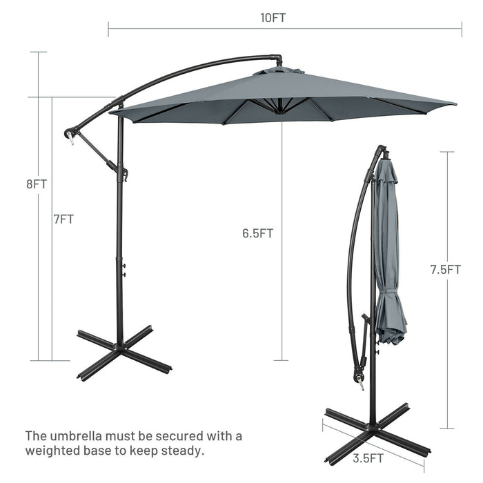 10 Feet Offset Umbrella with 8 Ribs Cantilever and Cross Base-Gray