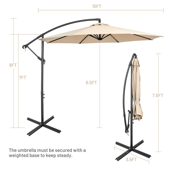 10 Feet Offset Umbrella with 8 Ribs Cantilever and Cross Base-Beige