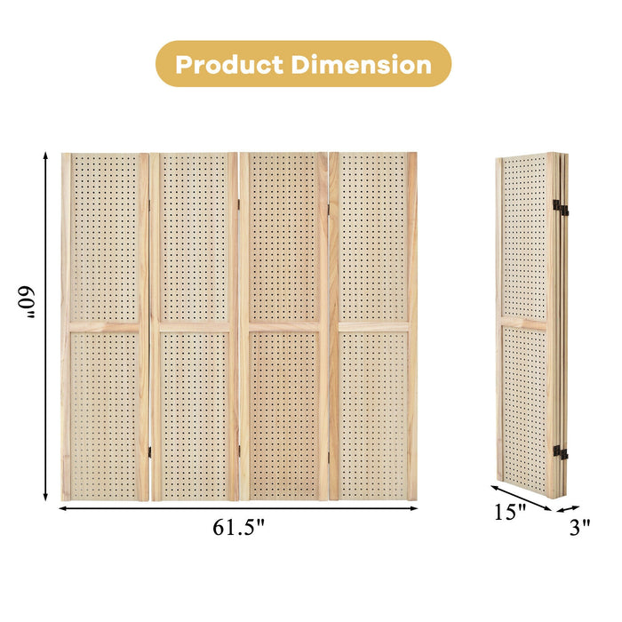 4-Panel Pegboard Display 5 Feet Tall Folding Privacy Screen for Craft Display Organized-Natural