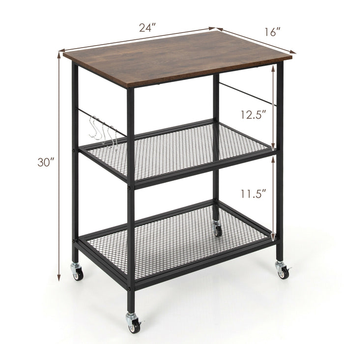 3-Tier Kitchen Serving Cart Utility Standing Microwave Rack with Hooks Brown