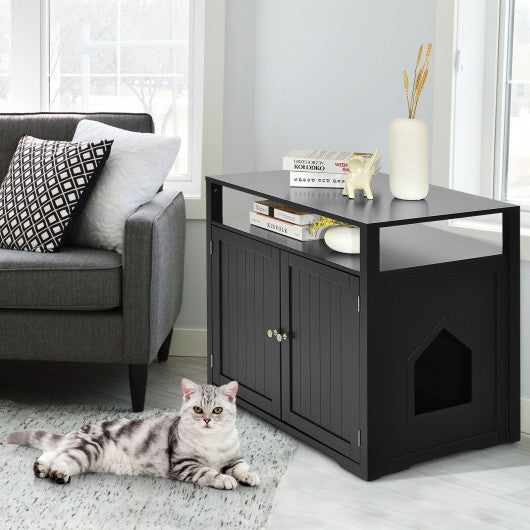 Wooden Cat Litter Box Enclosure Hidden Cat Washroom with Storage Layer-Black