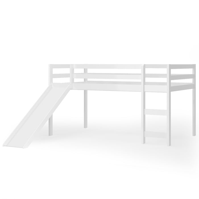 Twin Size Low Sturdy Loft Bed with Slide Wood-White