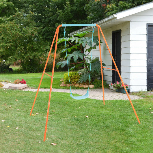 Outdoor Kids Swing Set with Heavy-Duty Metal A-Frame and Ground Stakes-Orange