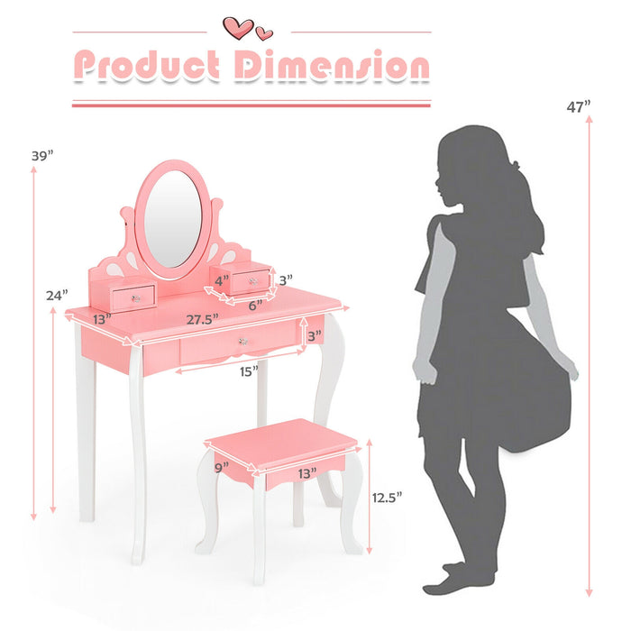 Kids Vanity Princess Makeup Dressing Table Stool Set with Mirror and Drawer-Pink