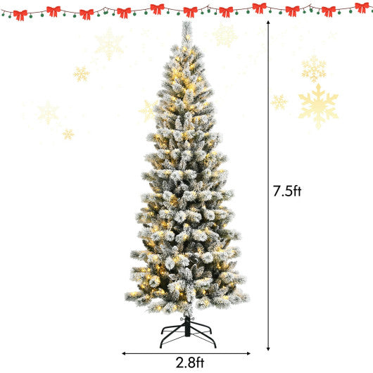 7.5 Feet Pre-Lit Hinged Christmas Tree Snow Flocked with 9 Modes Lights