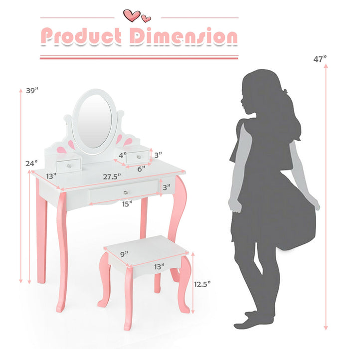 Kids Vanity Princess Makeup Dressing Table Stool Set with Mirror and Drawer-White