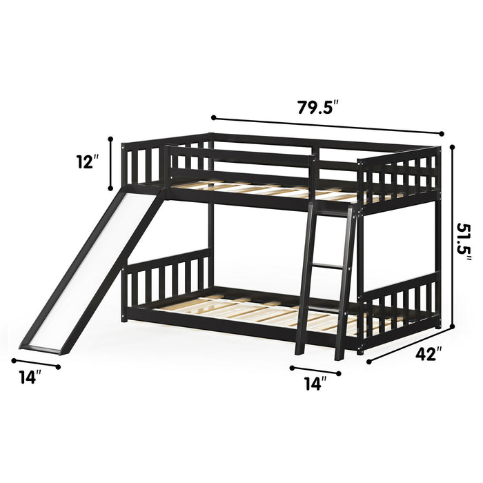 Twin over Twin Bunk Wooden Low Bed with Slide Ladder for Kids-Dark Brown