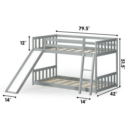 Twin over Twin Bunk Wooden Low Bed with Slide Ladder for Kids-Gray