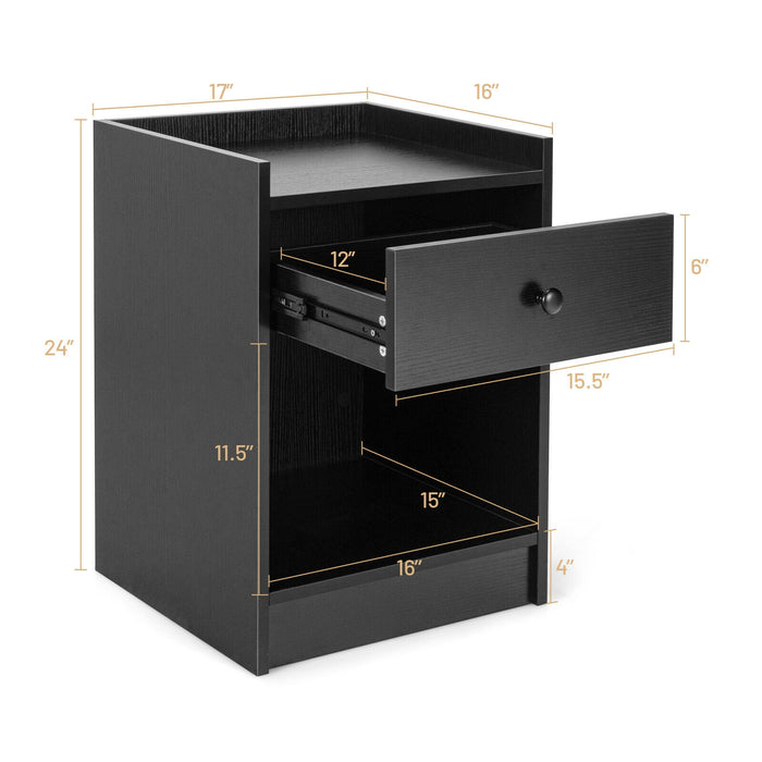 Set of 2 Nightstand with Drawer Cabinet End Side Table Raised Top-Black