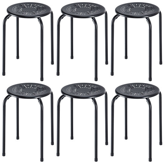 Set of 6 Stackable Multifunctional Daisy Design Backless Round Metal Stool Set-Black