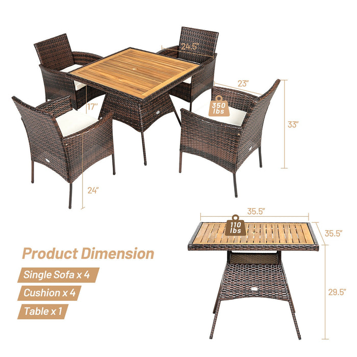 5 Pieces Patio Rattan Dining Furniture Set with Arm Chair and Wooden Table Top