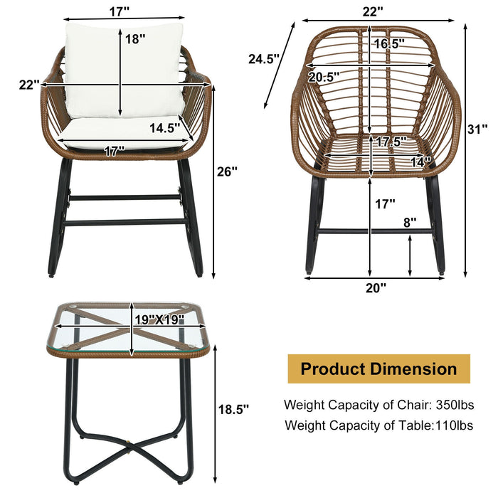 3 Pieces Patio Rattan Bistro Set Cushioned Chair Glass Table Deck-White