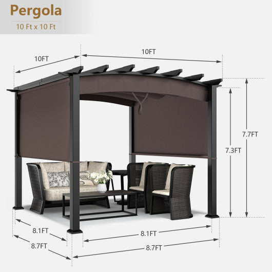 10 x 10 Feet Outdoor Retractable Pergola with Adjustable Sliding Sun Shade Canopy-Brown