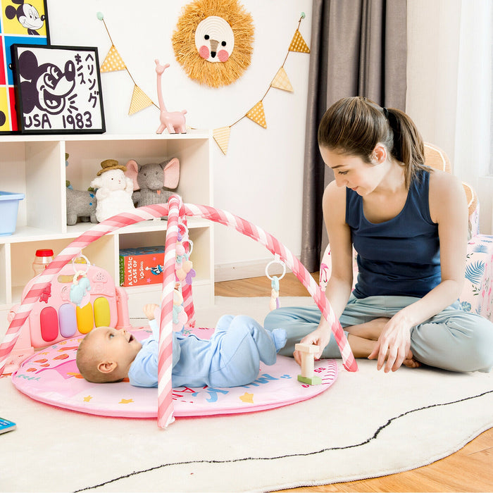 Baby Activity Play Piano Gym Mat with 5 Hanging Sensory Toys-Pink