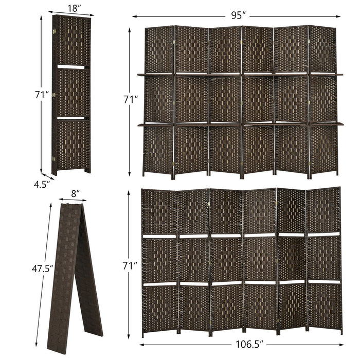 6 Panel Folding Weave Fiber Room Divider with 2 Display Shelves -Brown